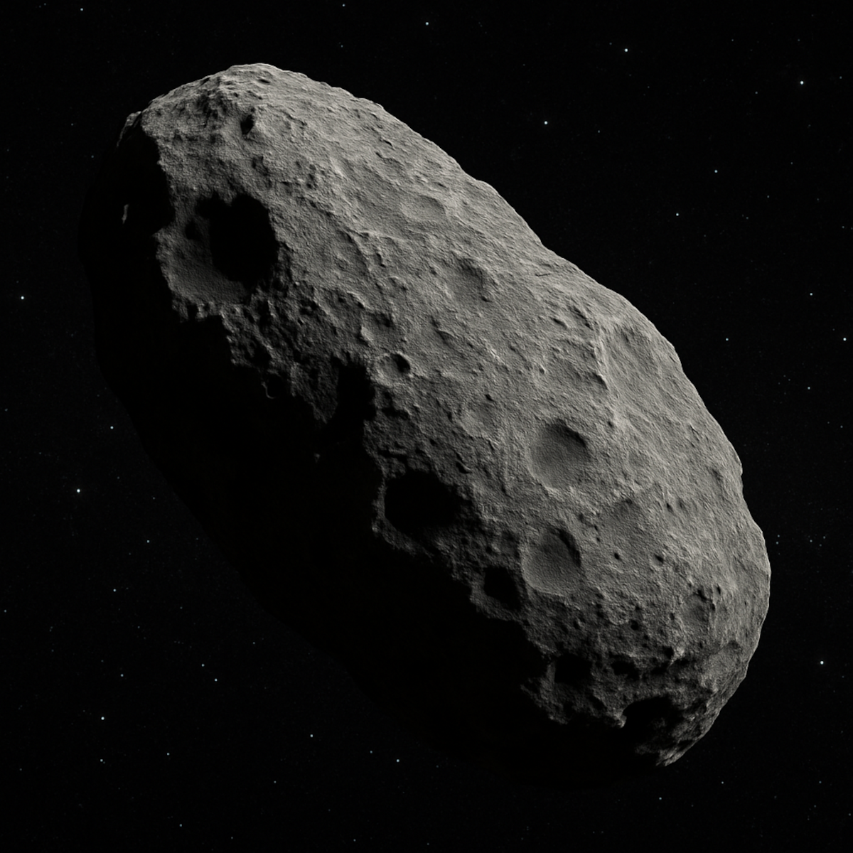 This image shows a grey, cratered asteroid floating in deep space, set against a black star-filled background.