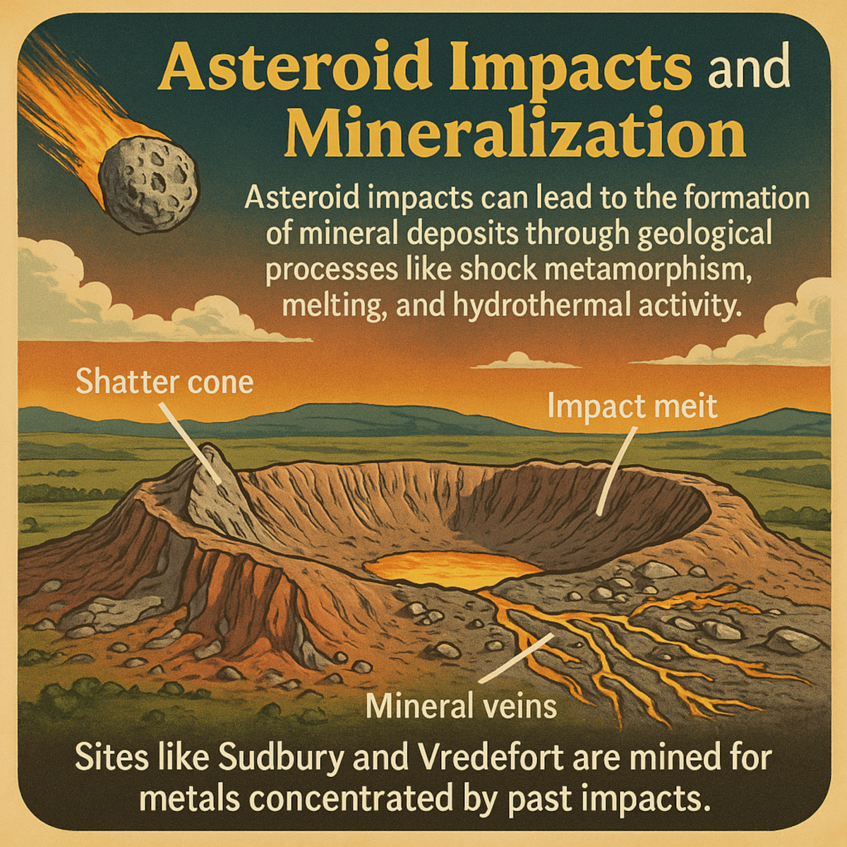 A colorful, educational, square-format illustration showing an asteroid impact crater with labeled features including “shatter cone,” “impact melt,” and “mineral veins.”