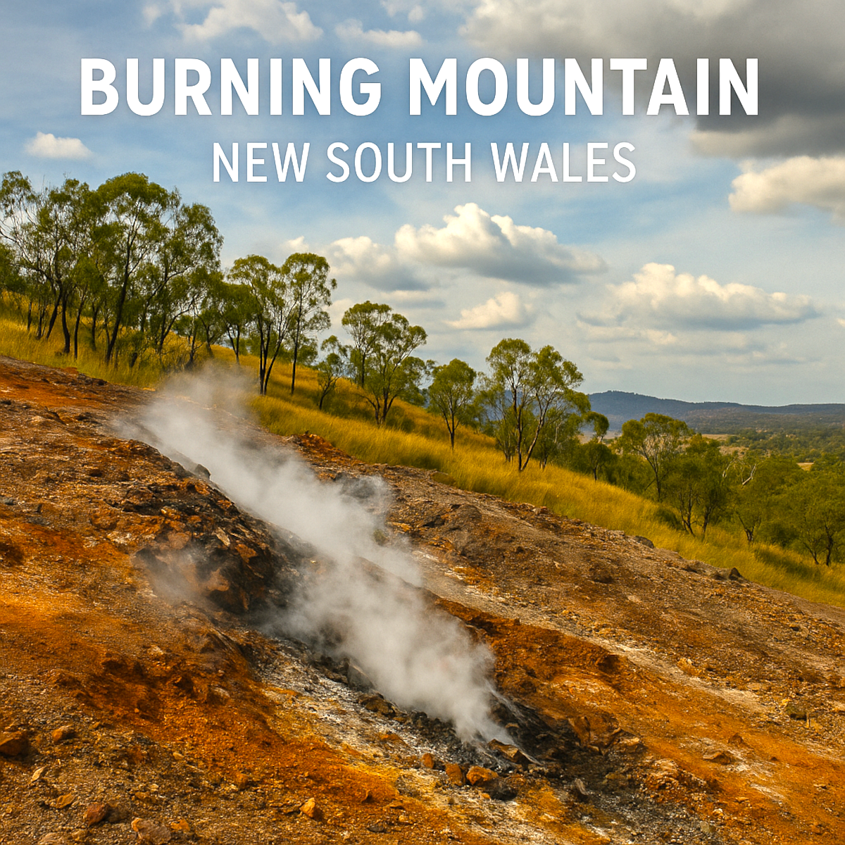 This image shows a section of Burning Mountain in New South Wales, Australia, where white smoke or steam rises from a crack in the rocky, reddish-brown ground. The landscape around the vent is scorched and discolored, indicating intense underground heat.