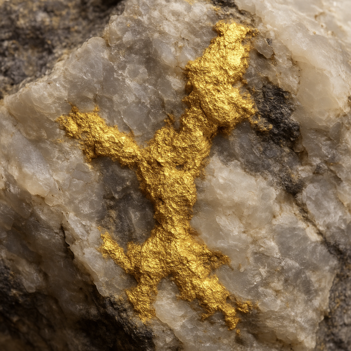 A high-resolution digital photograph showcases a natural gold vein branching through a rugged quartz matrix. 