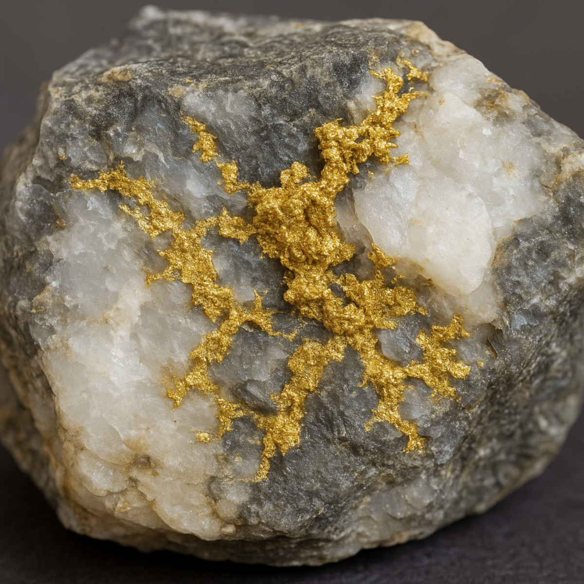  high-resolution photograph showcases a close-up of gold veins running through a rough quartz matrix.