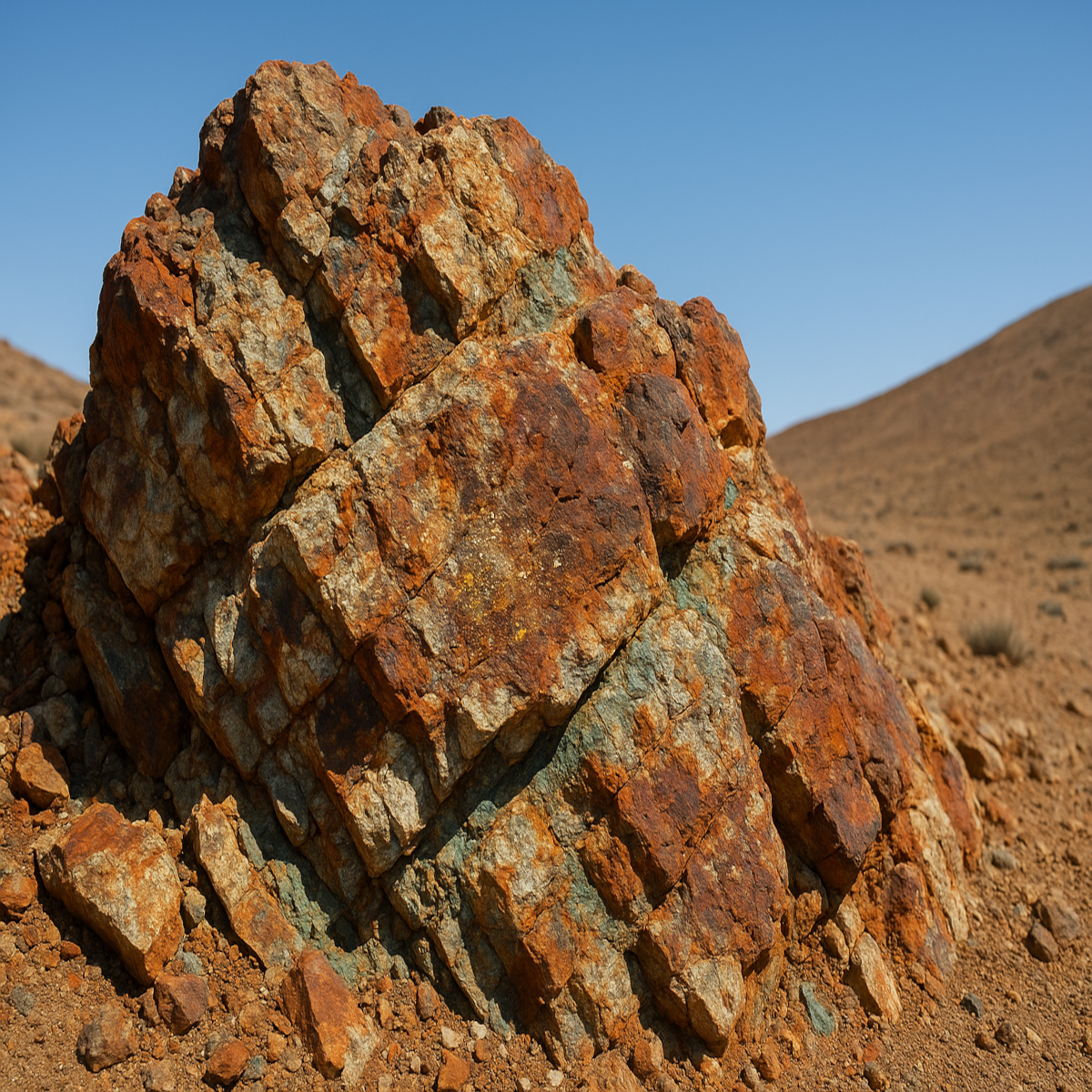 A high-resolution photograph captures a geological outcrop of a gossan in an arid landscape. 
