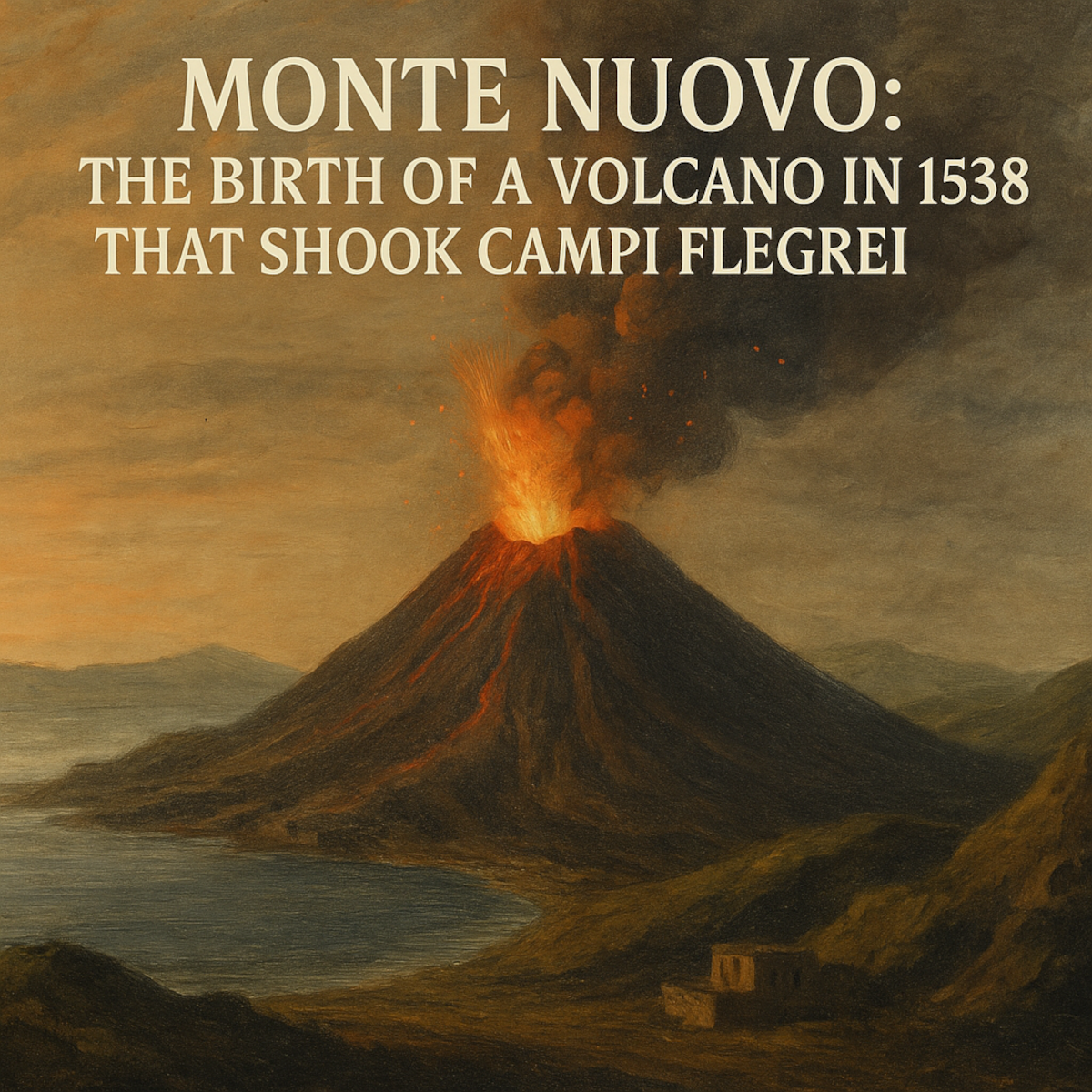 This image shows a painting-style depiction of Monte Nuovo erupting in 1538, with lava, ash, and smoke rising over the Bay of Naples. Bold text describes it as the volcano that shook Campi Flegrei.