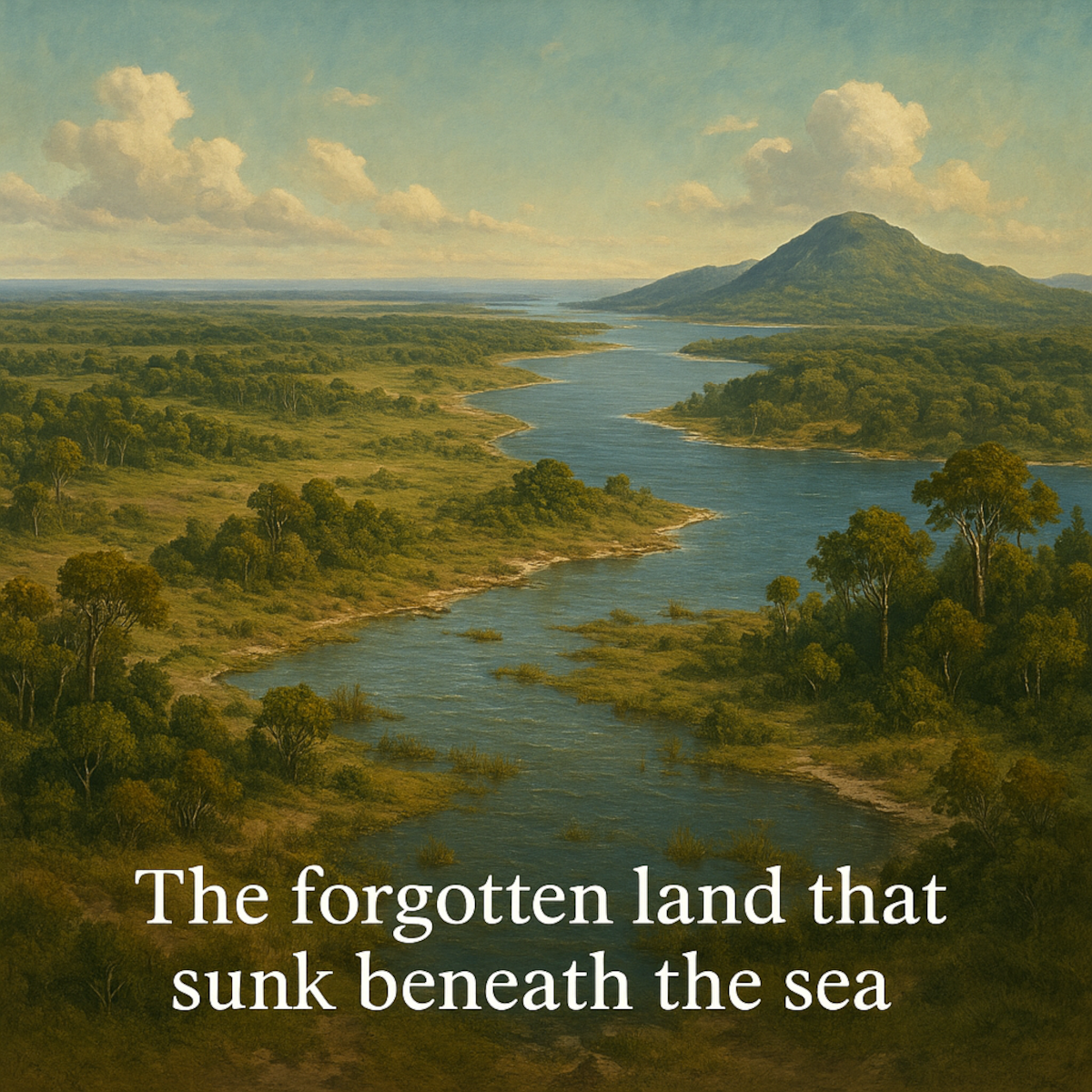 A digital painting depicting a lush prehistoric landscape with a winding river flowing through grassy plains and forested areas. 